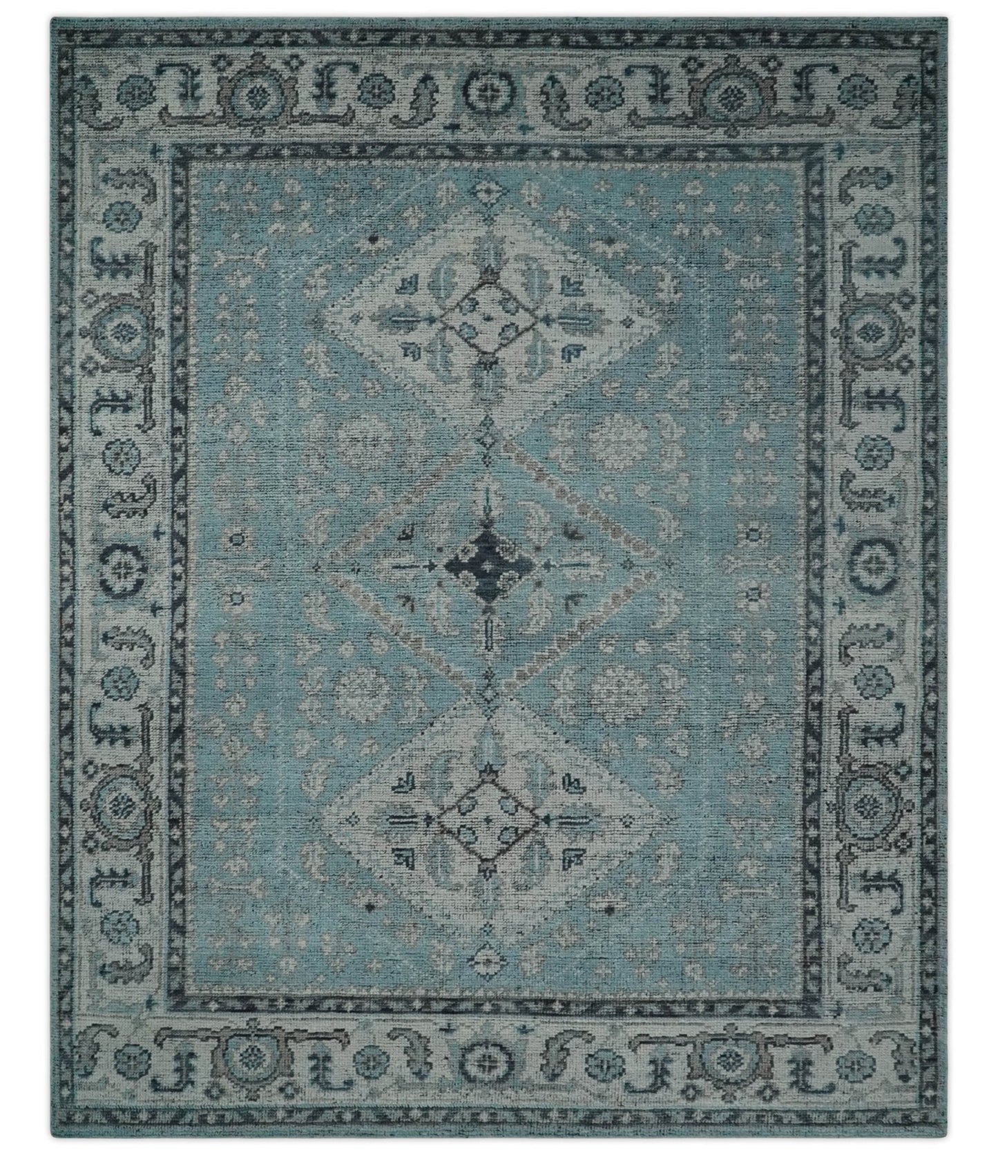 Distressed Hand Knotted Multi Size Blue, Silver and Charcoal Traditional Low Pile Wool Area Rug