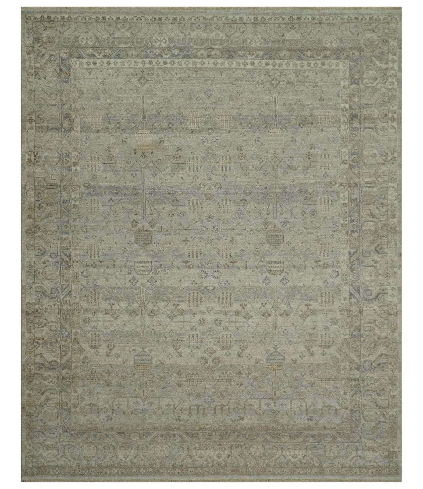 Distressed Silver And Beige Hand Knotted khotan design Custom Made wool area rug