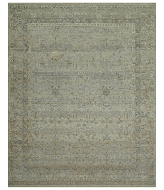 Distressed Silver And Beige Hand Knotted khotan design Custom Made wool area rug