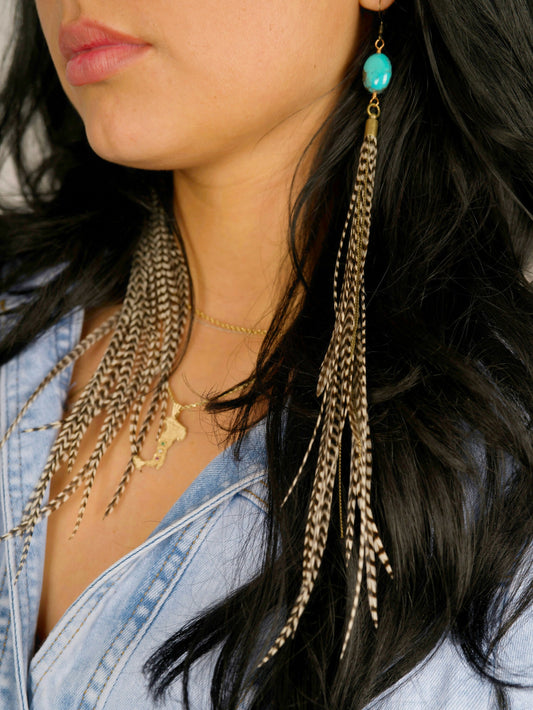 Turquoise Stone & Grizzly Long Feather Earrings