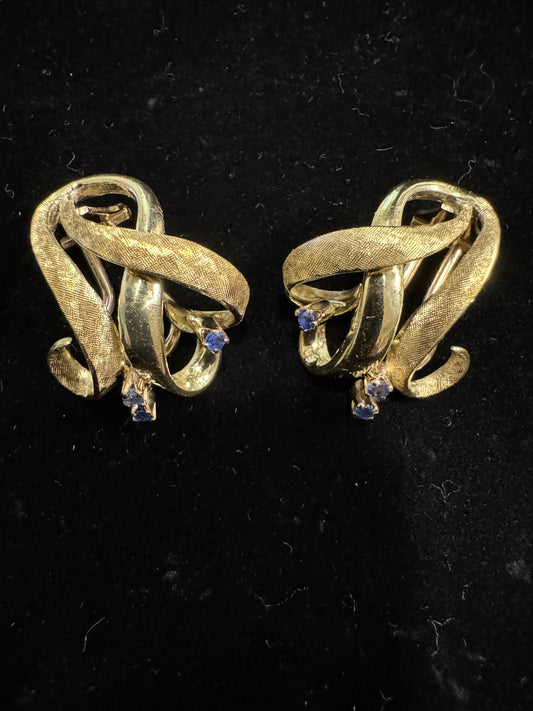 18K Yellow Gold Natural Sapphire Omega Clip Earrings | Vintage Fine Jewelry