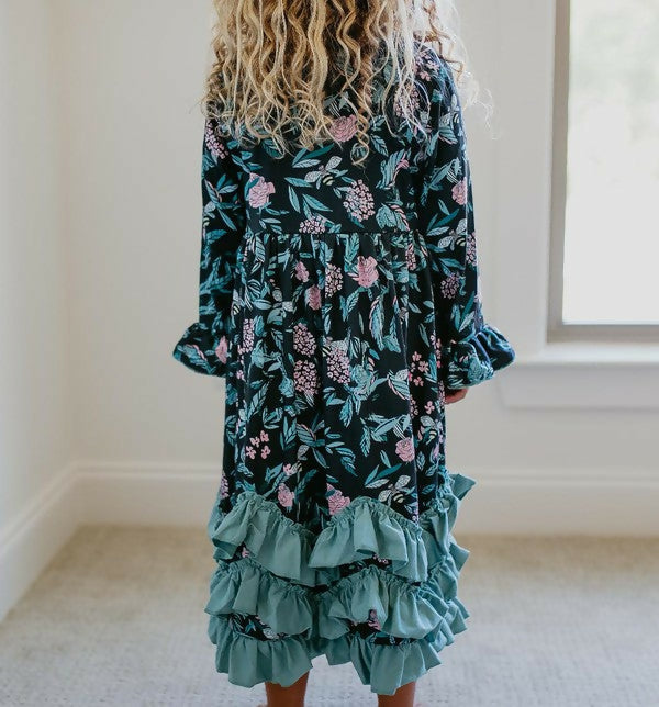 Girls Floral Long Sleeve Ruffle Dress