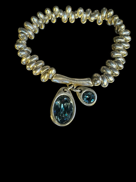 UNOde50 Blue Crystal Pebble Necklace Silver Tone Artisan Statement Bracelet 6.5-8”