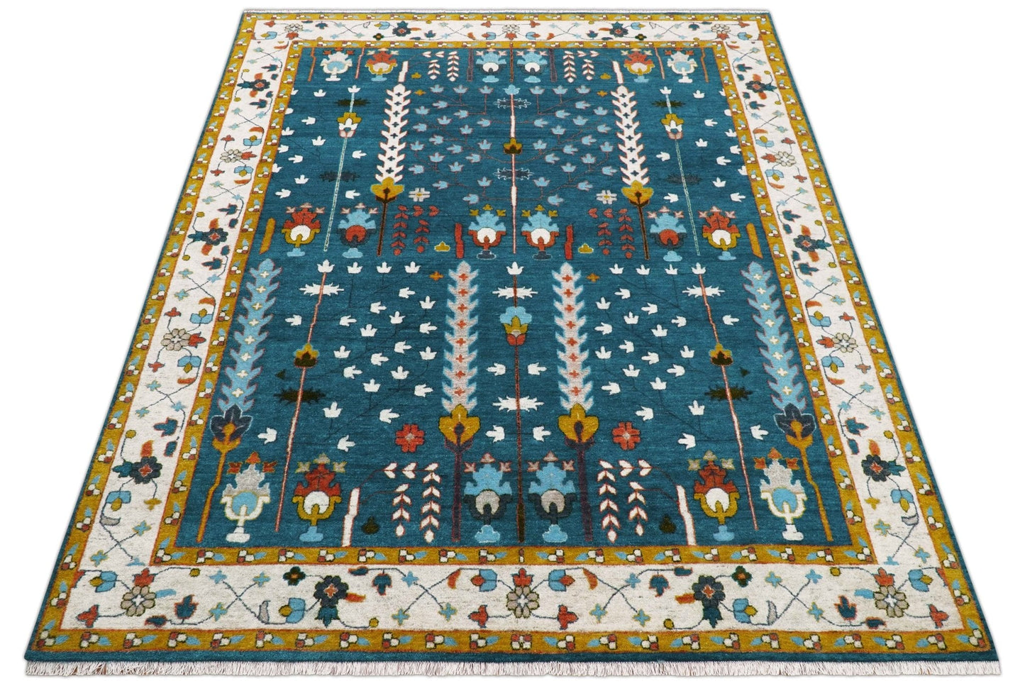 Fine Teal And Ivory Traditional Tree of life Hand Knotted Wool Rug