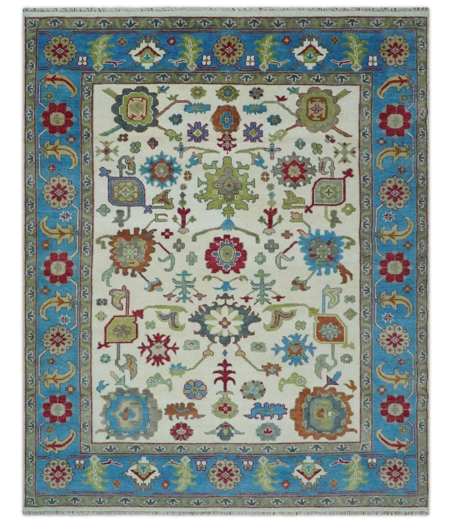 Fine Traditional Ivory and Blue Colorful Hand knotted Oushak Wool Area Rug