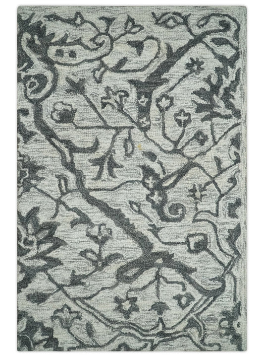 Floral Ivory and Charcoal Wool Hand Woven Layering Multi Size Area Rug