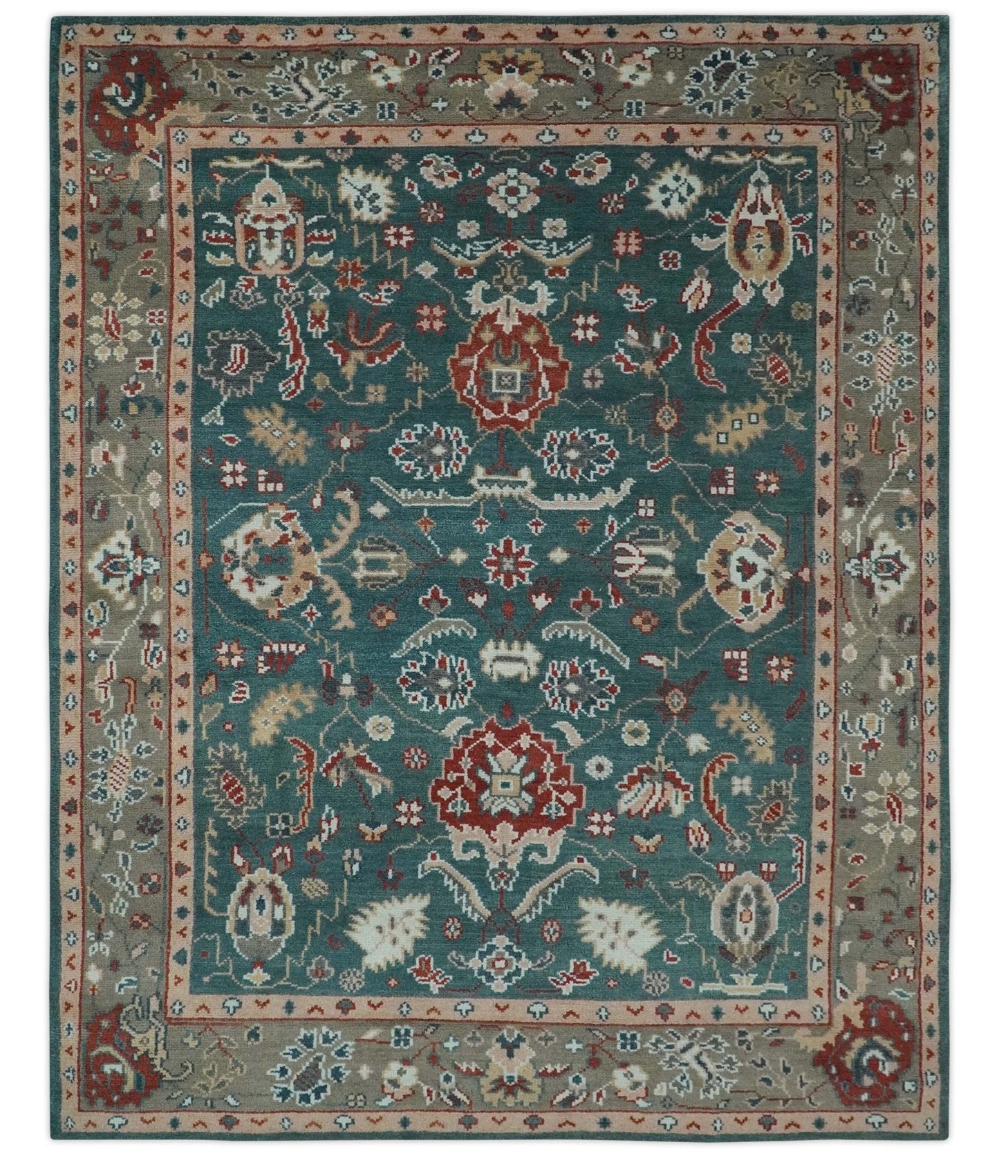 Floral Teal, Camel and Brown Hand Knotted Oriental Oushak Multi Size wool Area Rug