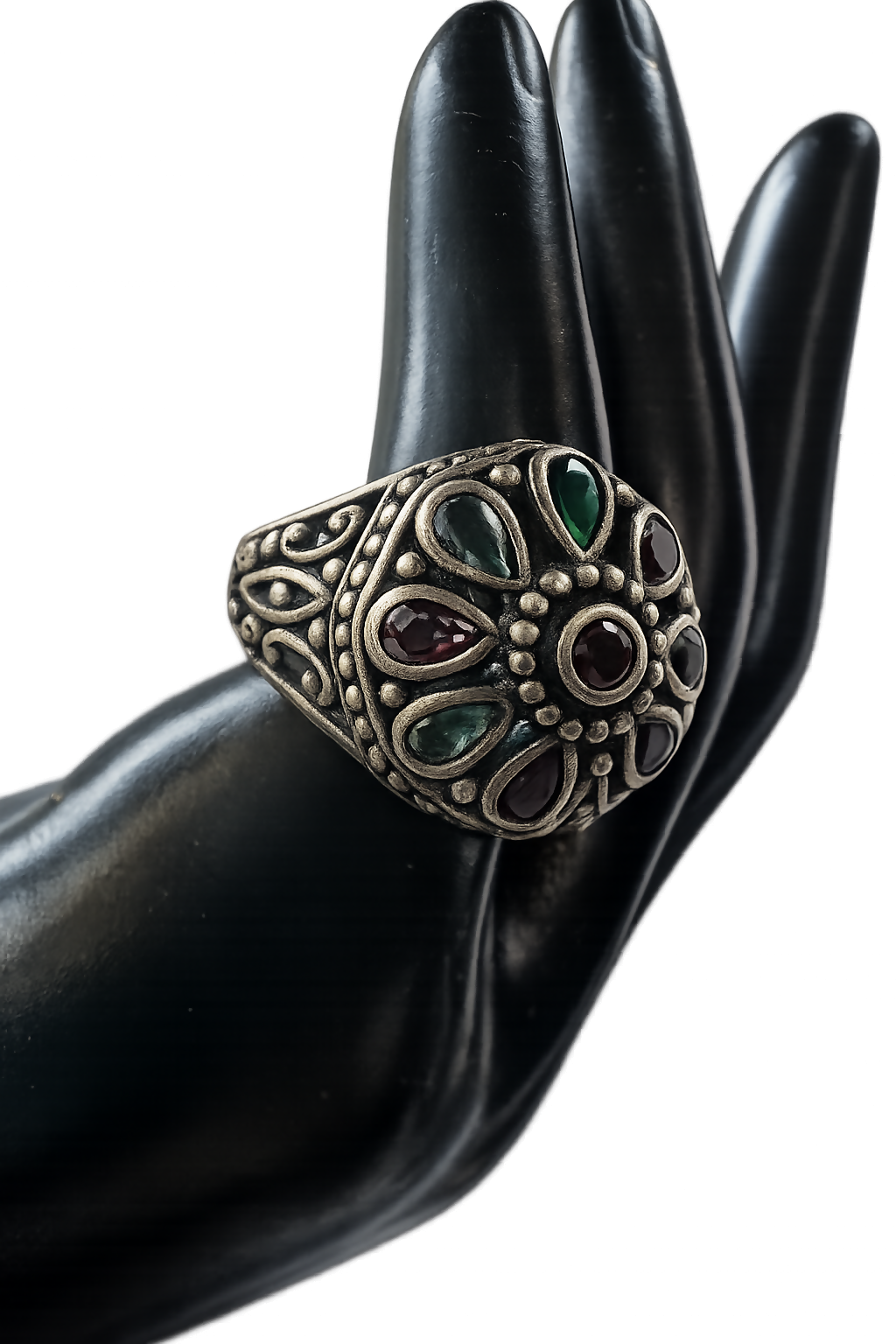 Sterling Silver Navaratna-Inspired Flower Dome Ring | Size 8.5 | 12g