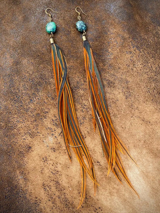 Turquoise Stone & Fawn Long Feather Earrings
