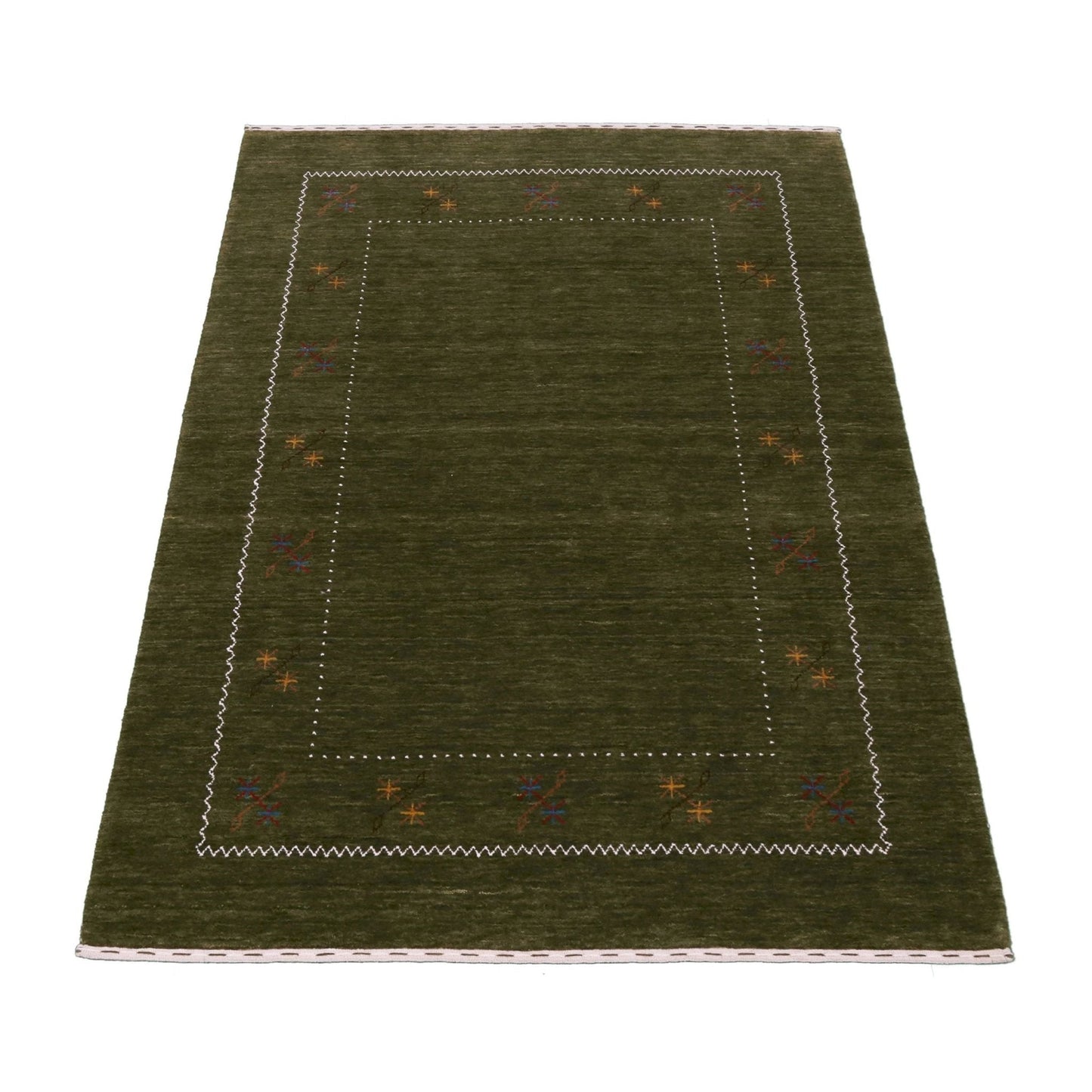 Green Modern Gabbeh Border Design Hand Loomed Wool Area Rug