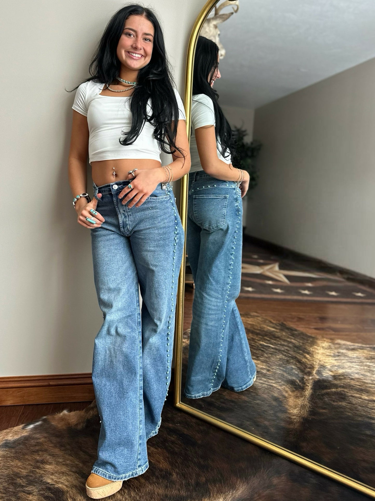 Wide Leg Jeans with Turquoise Gemstone Detail