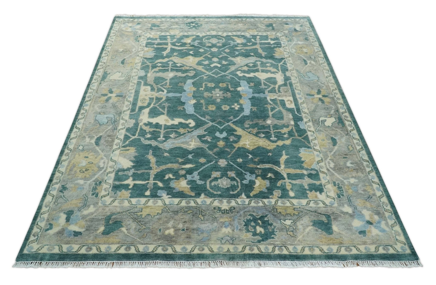 Hand Knotted Oriental Oushak Teal and Gray Multi Size Wool Area Rug