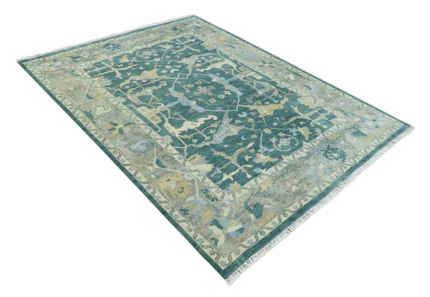 Hand Knotted Oriental Oushak Teal and Gray Multi Size Wool Area Rug