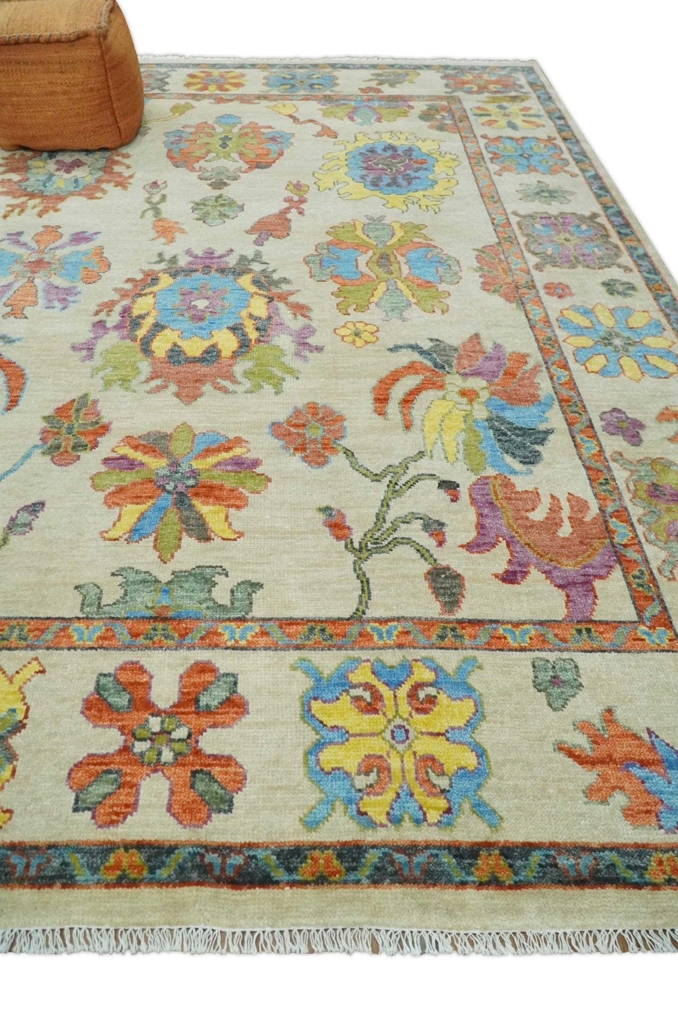 Vibrant colorful Beige, Rust, Blue and Mustard Hand Knotted Traditional Oushak Multi Size wool Area Rug