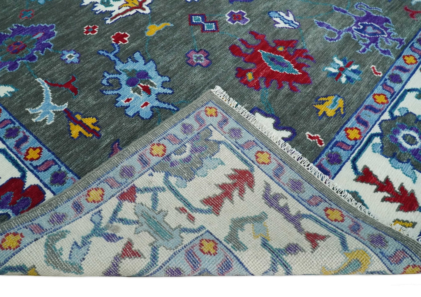 Hand Knotted Charcoal and Ivory Traditional Persian Oushak Wool Rug