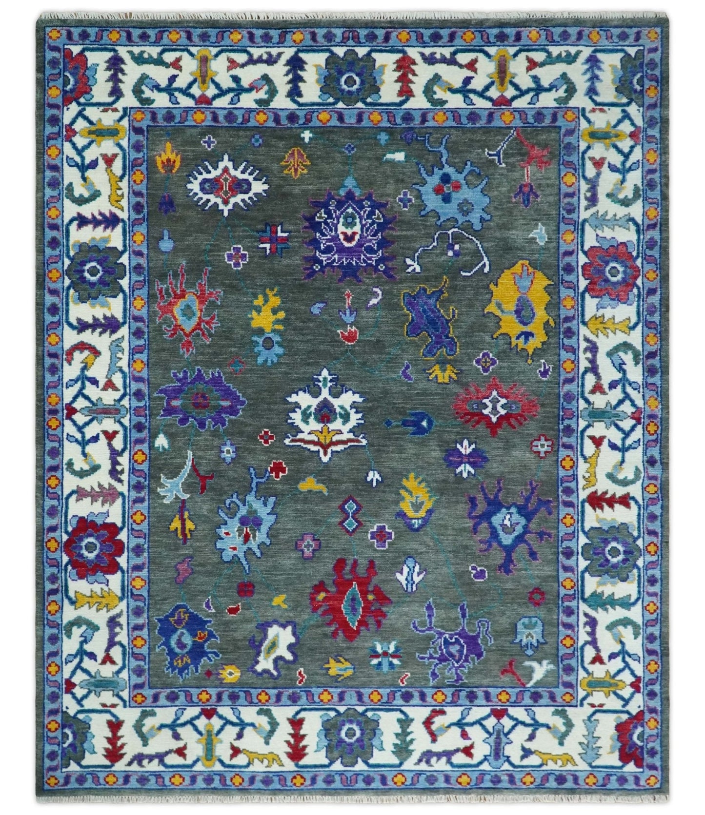 Hand Knotted Charcoal and Ivory Traditional Persian Oushak Wool Rug