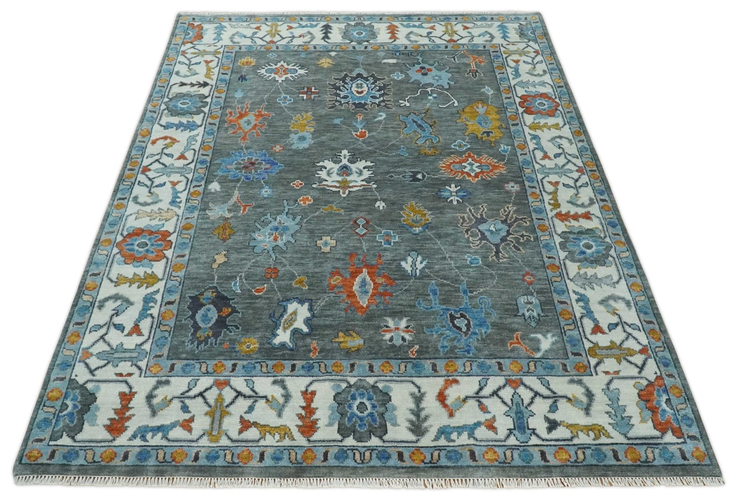 Vibrant Colorful Hand Knotted Charcoal, Ivory, Blue and Rust Traditional Oushak Multi Size wool Area Rug