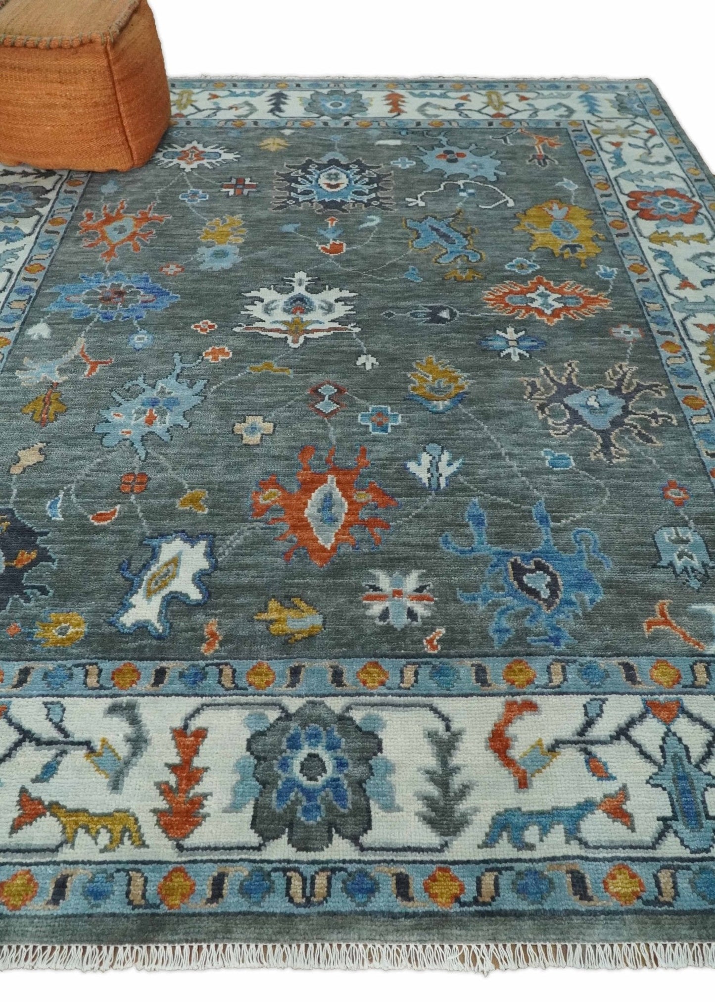 Vibrant Colorful Hand Knotted Charcoal, Ivory, Blue and Rust Traditional Oushak Multi Size wool Area Rug