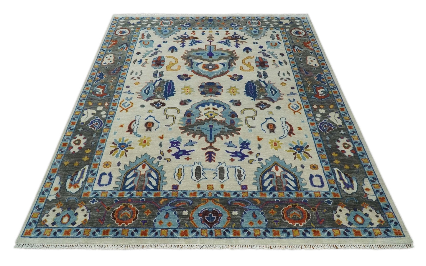 Vibrant Colorful Hand Knotted Ivory, Charcoal and Blue Traditional Oushak Multi size Wool Area Rug
