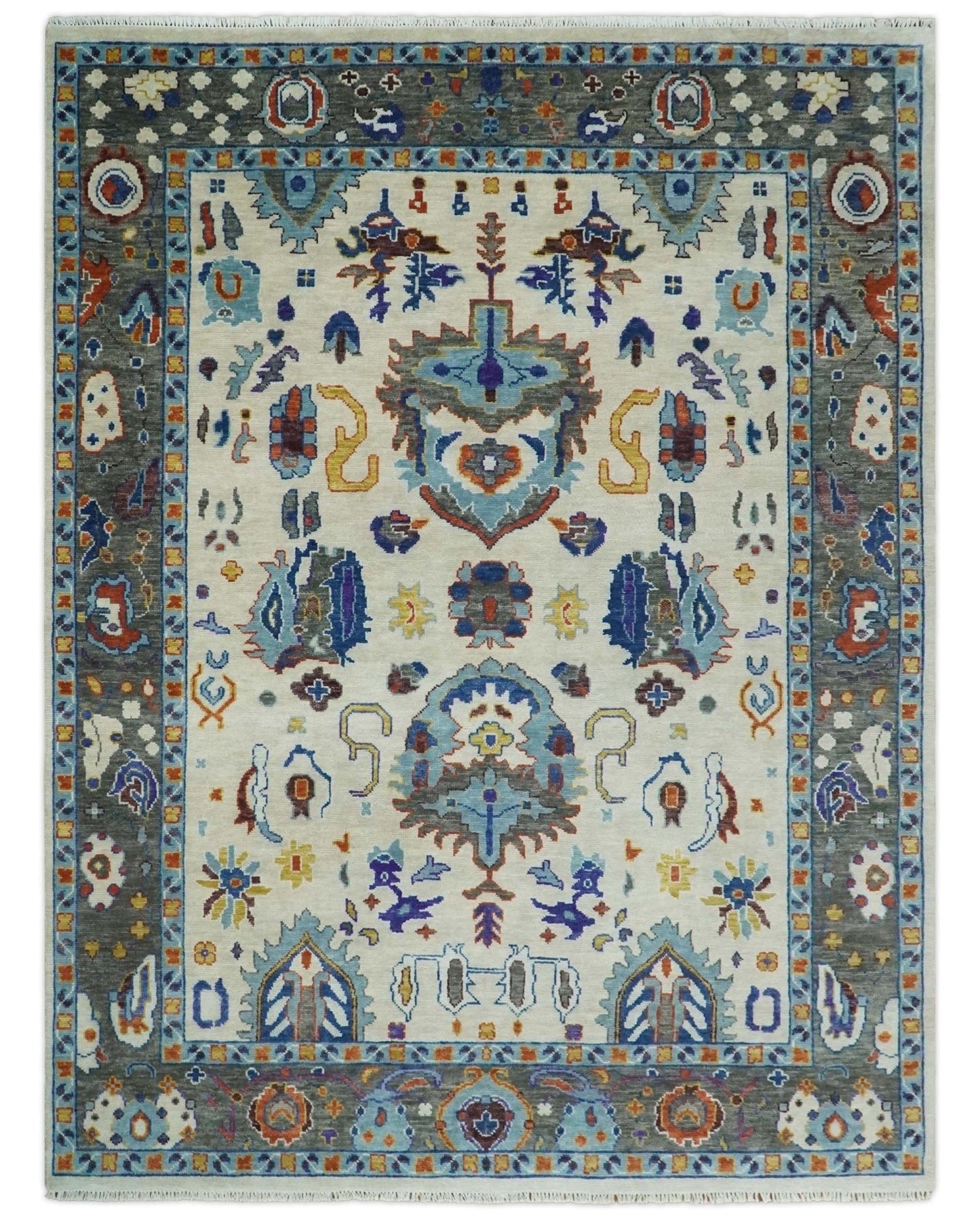 Vibrant Colorful Hand Knotted Ivory, Charcoal and Blue Traditional Oushak Multi size Wool Area Rug