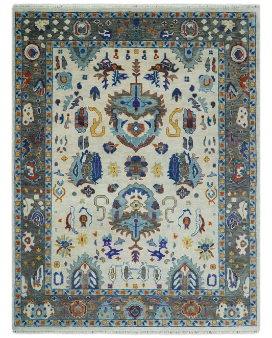 Vibrant Colorful Hand Knotted Ivory, Charcoal and Blue Traditional Oushak Multi size Wool Area Rug