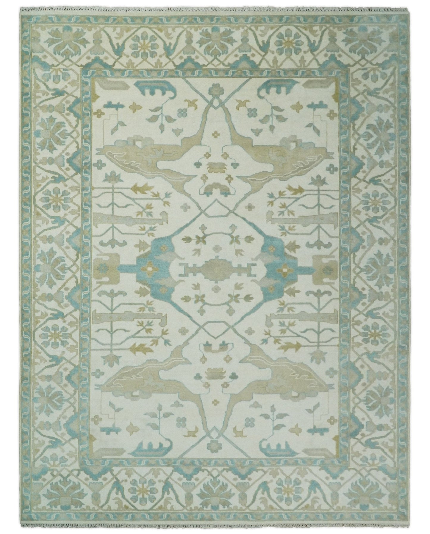 Custom Made Hand Knotted Oriental Oushak Ivory and Blue Wool Area Rug