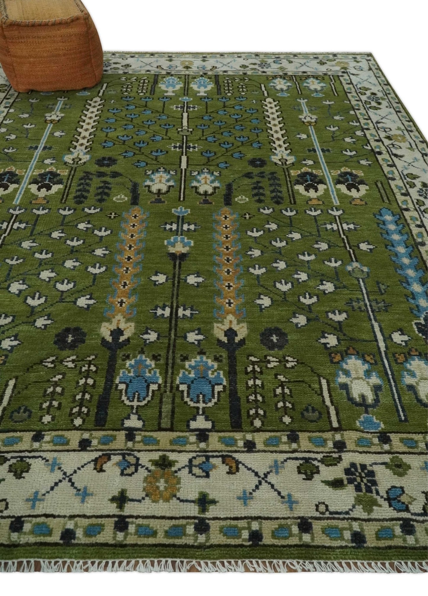 Hand Knotted Royal Green and Ivory Traditional Turkish Style Tree Of Life Multi Size Wool Area Rug