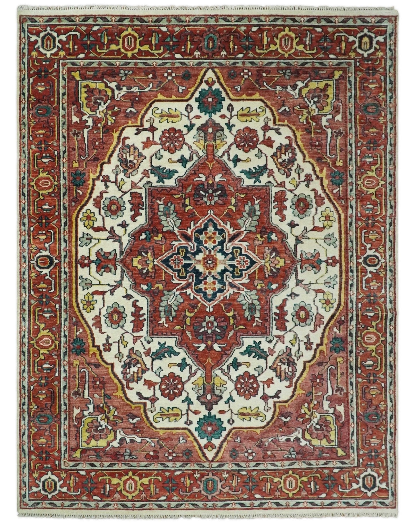 Rust And Ivory Traditional Medallion Hand Knotted Wool Area Rug