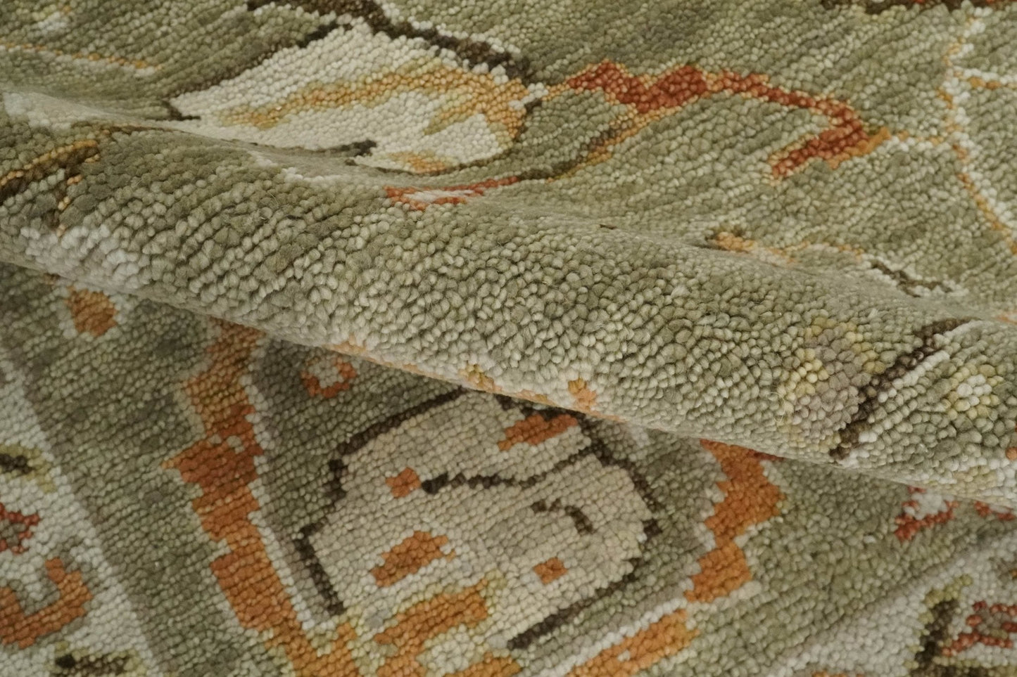 Hand Knotted Antique Olive and Ivory Traditional Persian Vintage Oushak Wool Rug | TRDCP707
