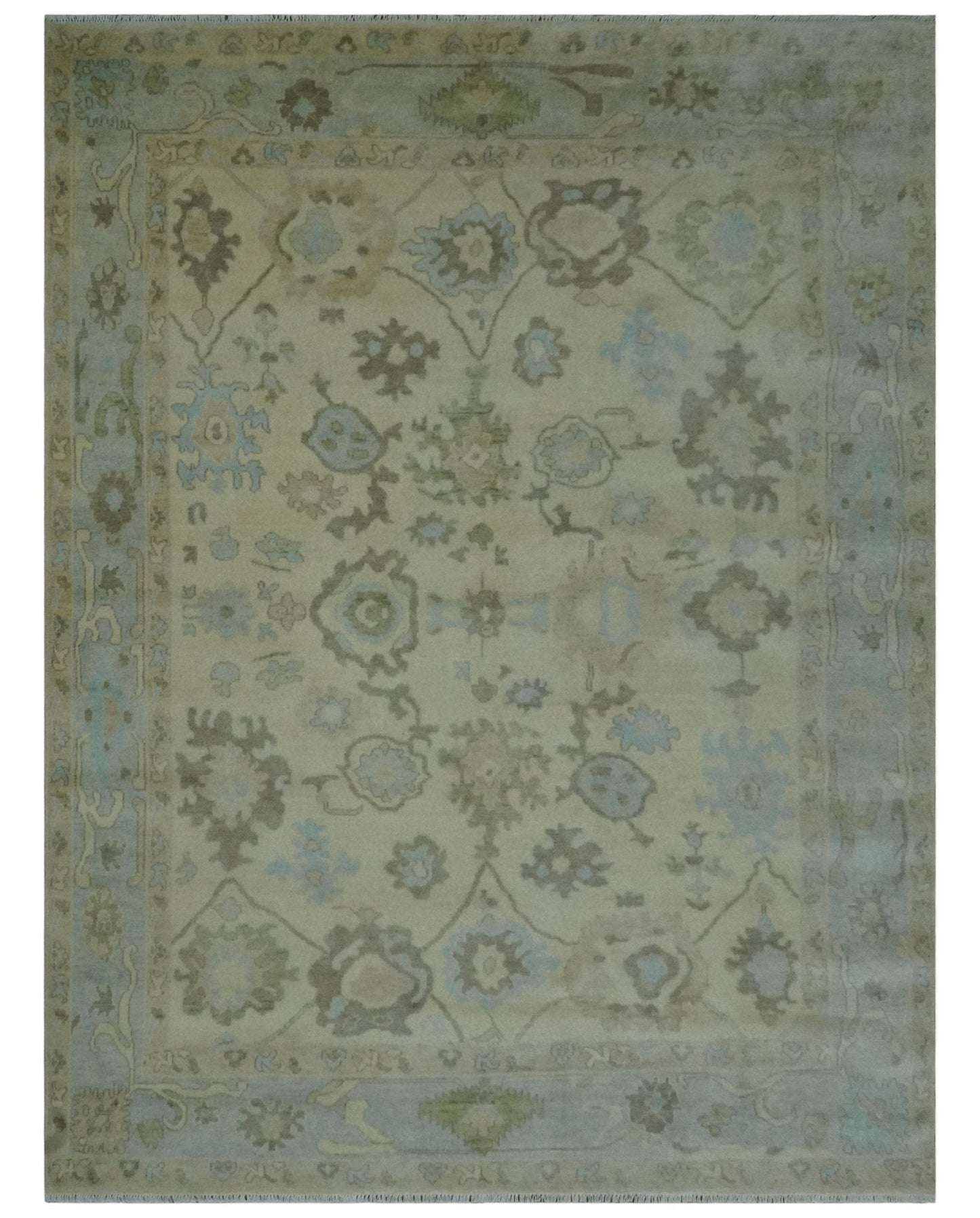 Hand Knotted Antique Style Beige and Silver Traditional Multi Size Oushak Wool Rug