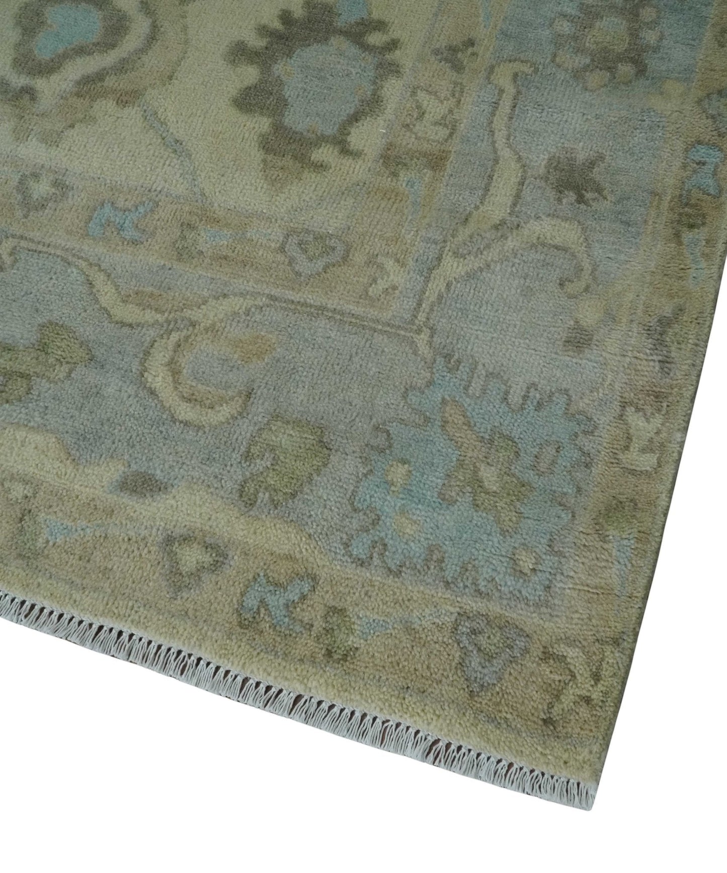 Hand Knotted Antique Style Beige and Silver Traditional Multi Size Oushak Wool Rug