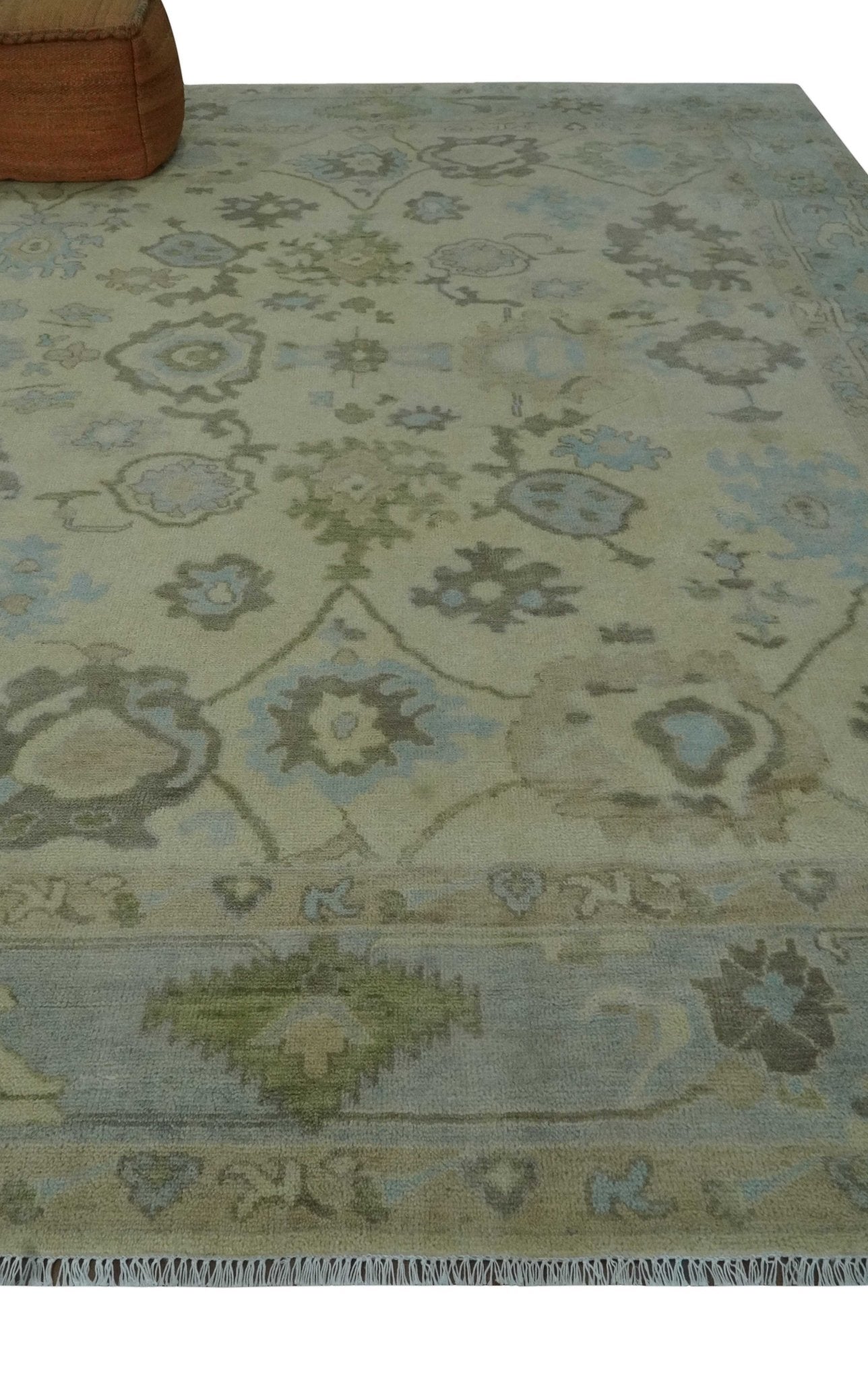 Hand Knotted Antique Style Beige and Silver Traditional Multi Size Oushak Wool Rug