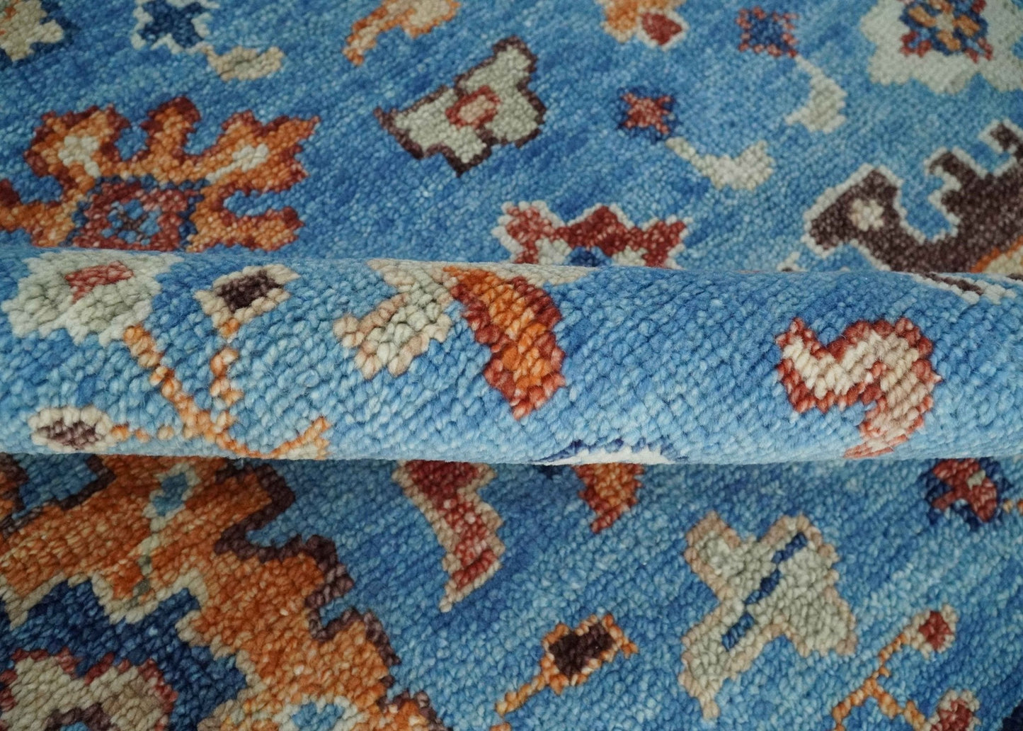 Custom Made Hand Knotted Blue and Ivory Traditional Turkish Oushak Design Wool Rug