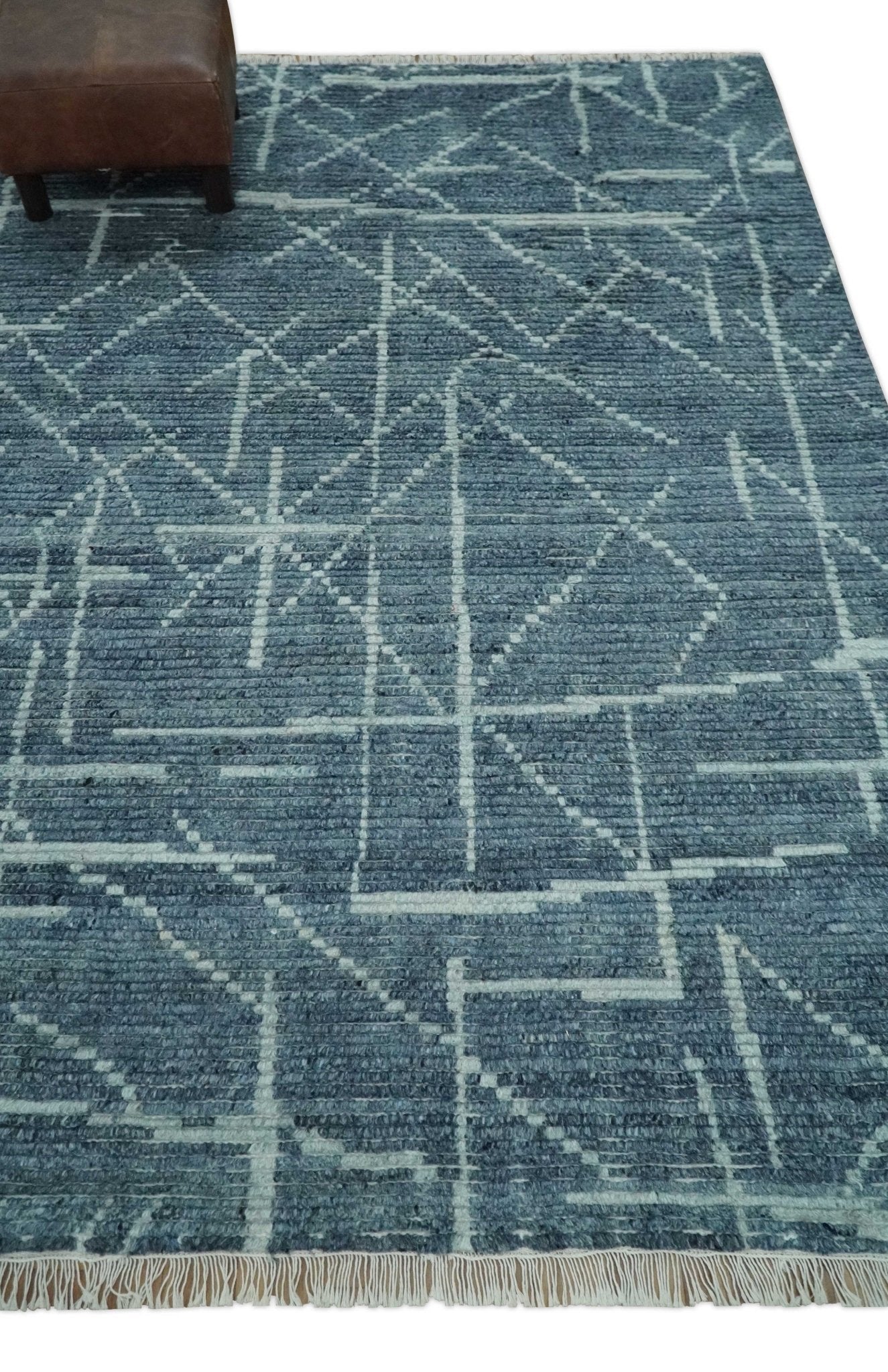 Hand Knotted Blue and Silver Trellis Moroccan Rug Made with Blended Wool Multi size Rug