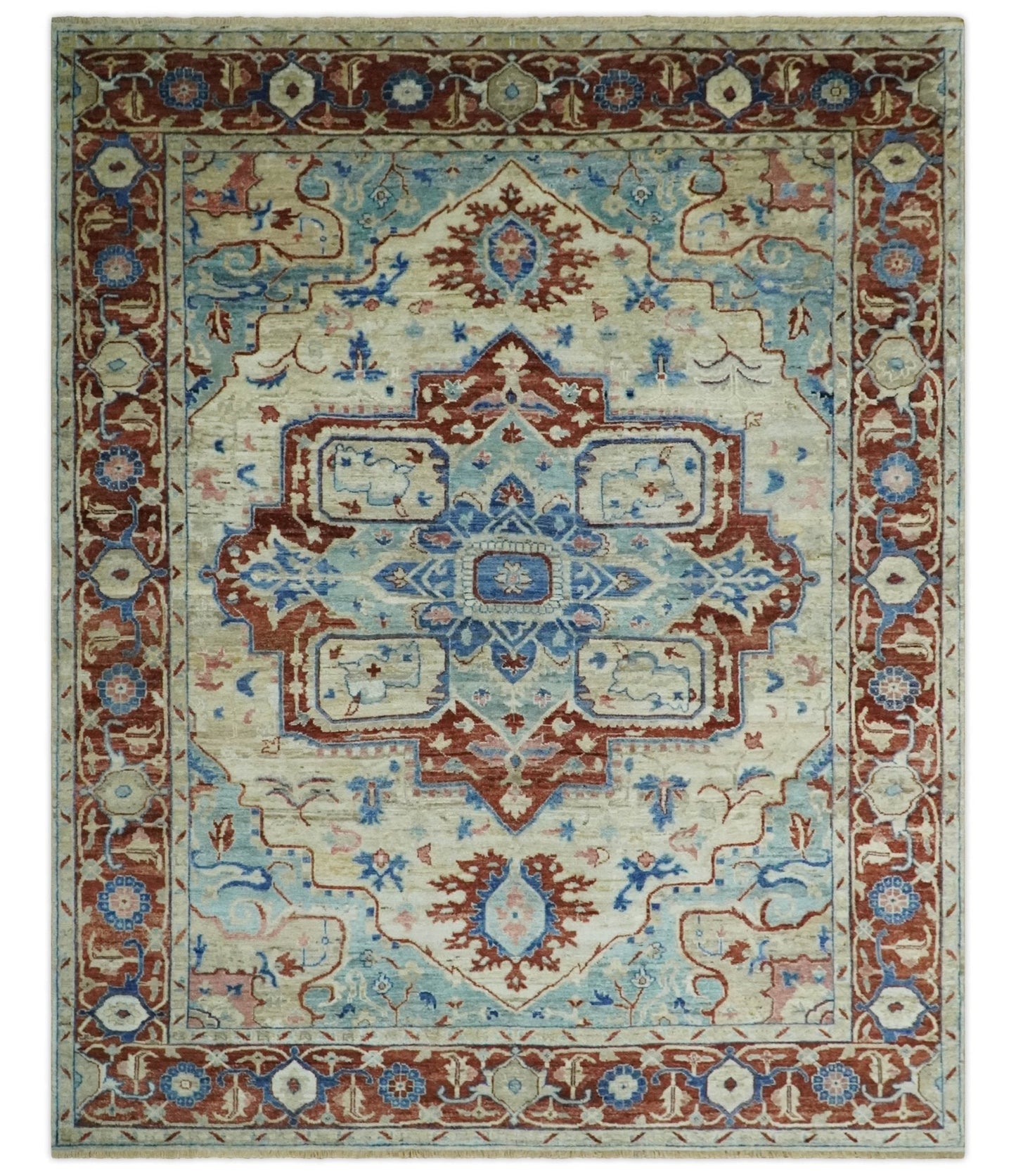 Hand Knotted Blue, Ivory and Rust Antique Persian Heriz Serapi Wool Rug, 5x8, 6x9, 8x10 and 9x12 Living Room Rug | TRD2559