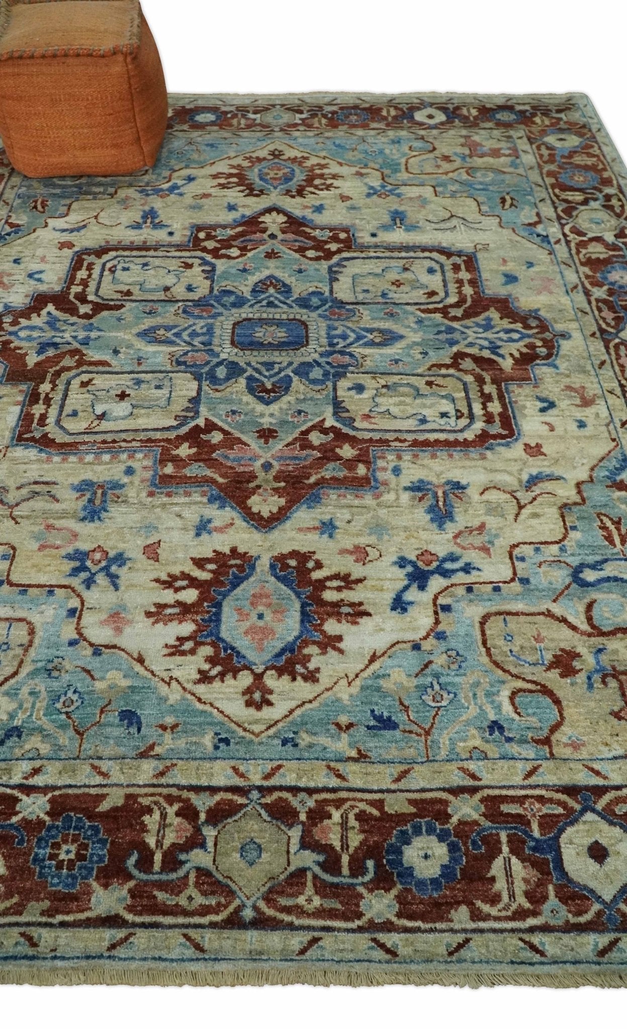 Hand Knotted Blue, Ivory and Rust Antique Persian Heriz Serapi Wool Rug, 5x8, 6x9, 8x10 and 9x12 Living Room Rug | TRD2559