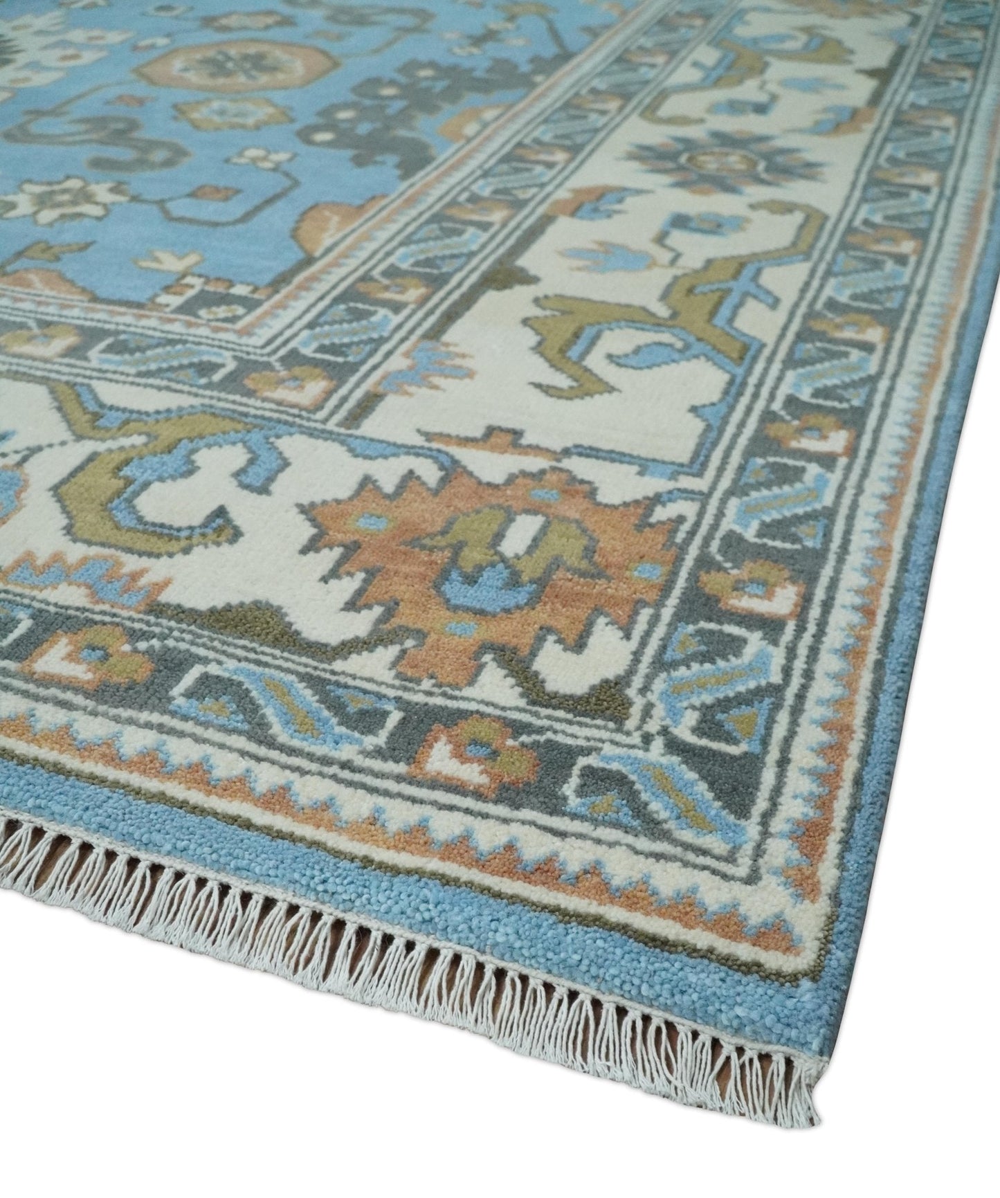 Hand Knotted Custom Made Blue and Ivory Traditional Oushak Wool Rug