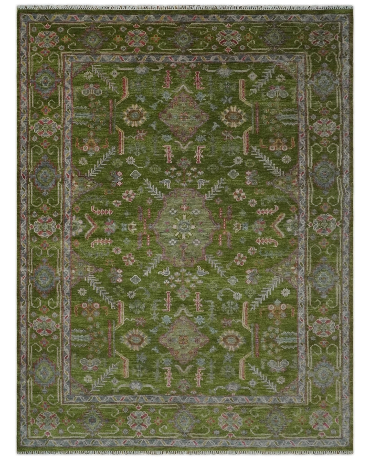 Hand Knotted Green and Silver Traditional Multi Size Antique Wool Area Rug