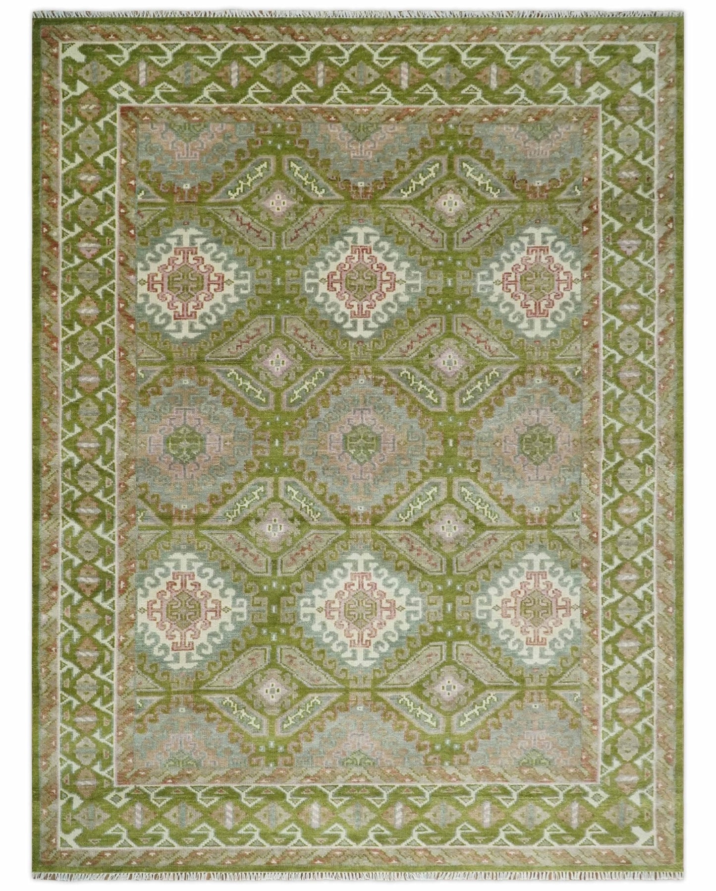 Hand Knotted Green, Ivory and Silver Oriental Traditional Multi Size Wool Area Rug