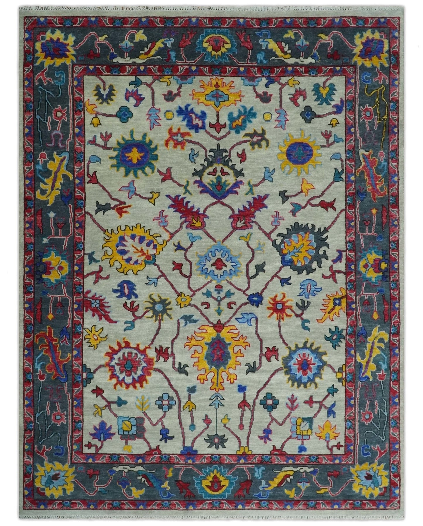 Vibrant colorful Ivory and Charcoal Hand Knotted Traditional Oushak Multi size Wool area Rug