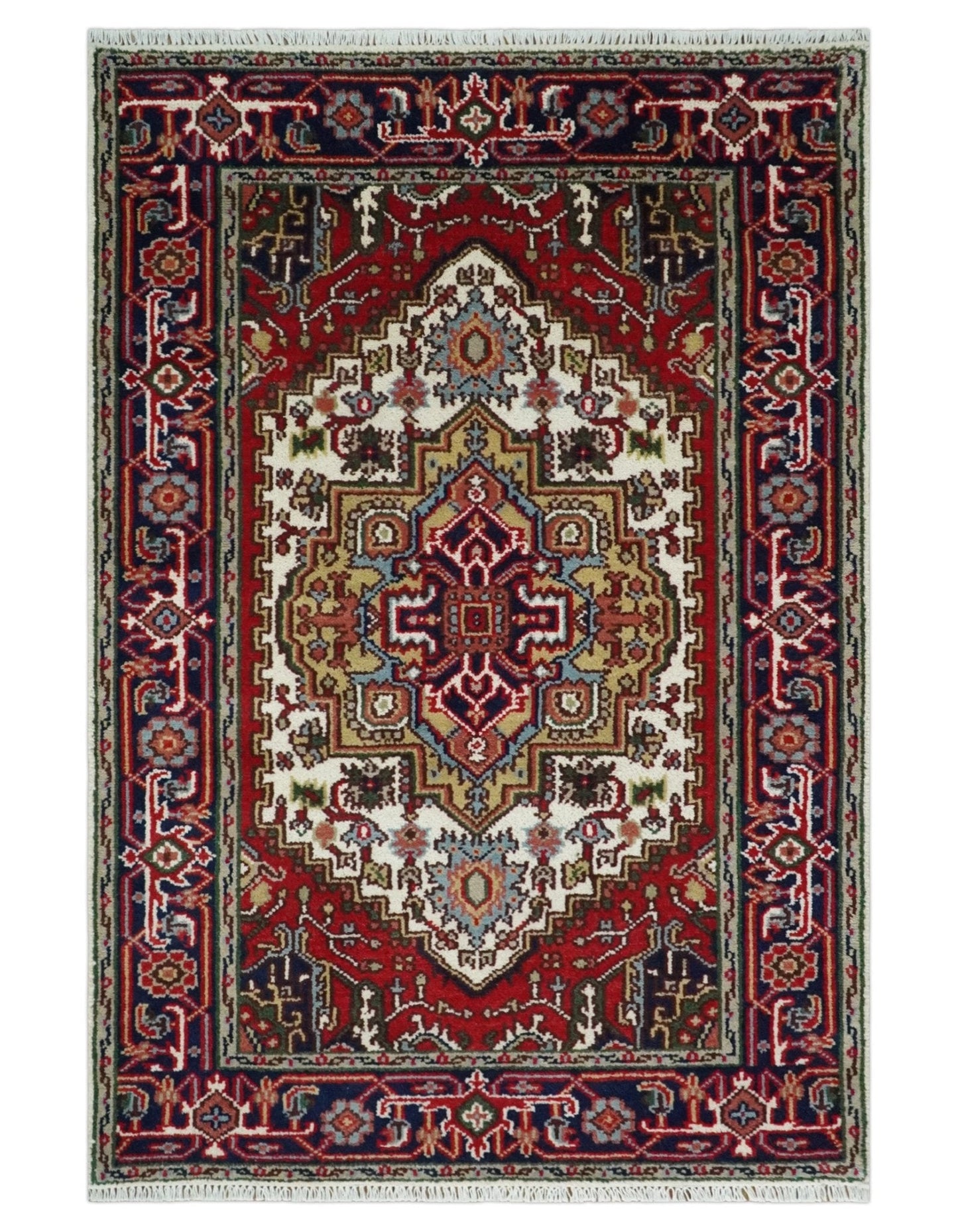 Hand Knotted Ivory, Brown and Blue Traditional Antique Style Wool Area Rug