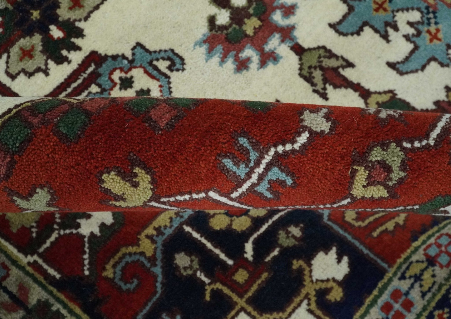 Hand Knotted Ivory, Brown and Blue Traditional Antique Style Wool Area Rug