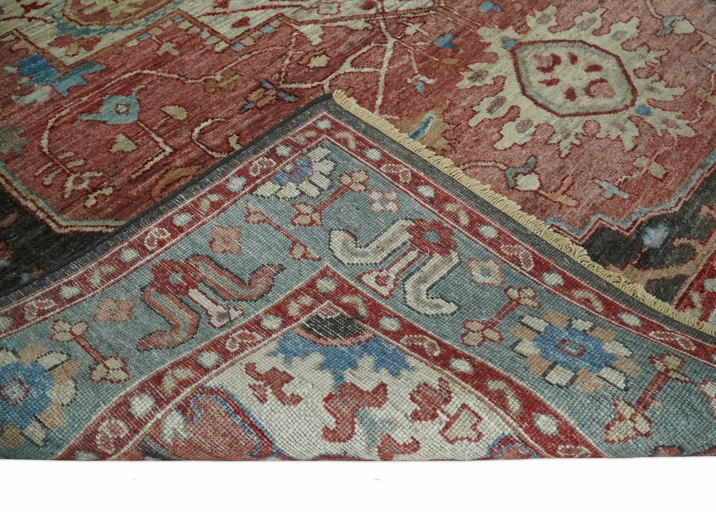 Hand Knotted Ivory, Rust and Blue Antique Persian Heriz Serapi Wool Rug, 5x8, 6x9, 8x10 and 9x12 Living Room Rug | TRD2557