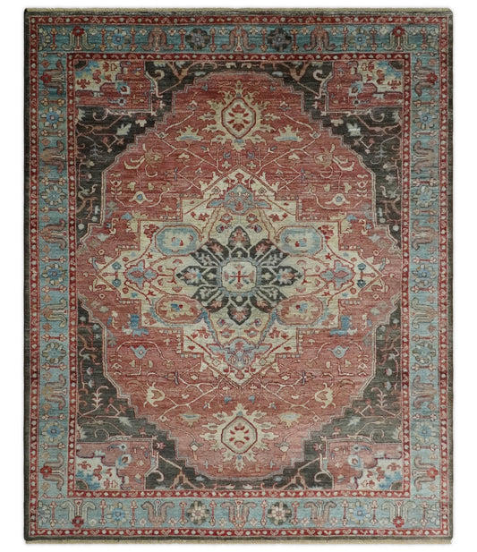 Hand Knotted Ivory, Rust and Blue Antique Persian Heriz Serapi Wool Rug, 5x8, 6x9, 8x10 and 9x12 Living Room Rug | TRD2557