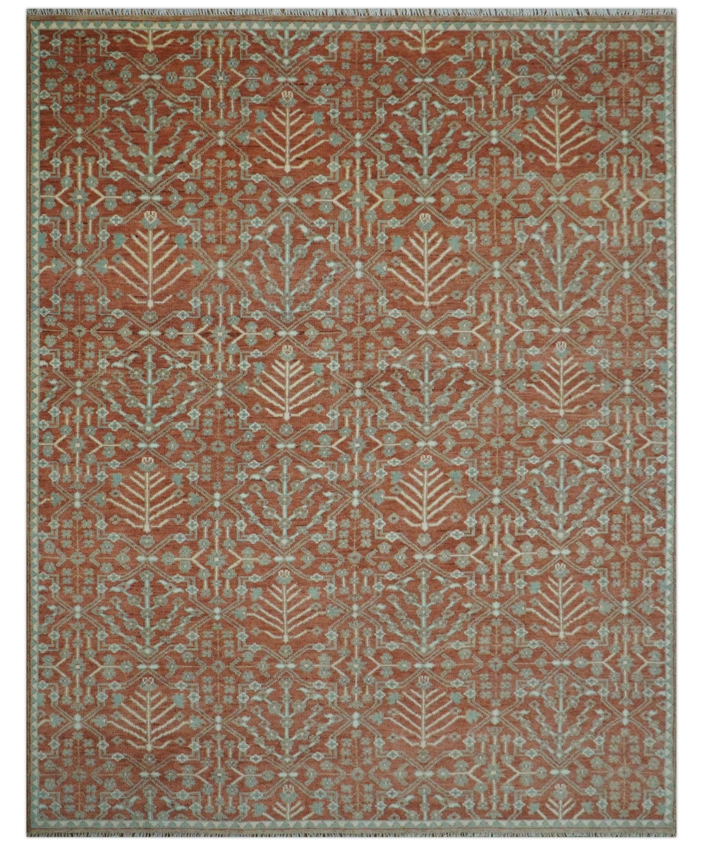 Hand knotted Multi Size Rust and Aqua Floral wool Area Rug