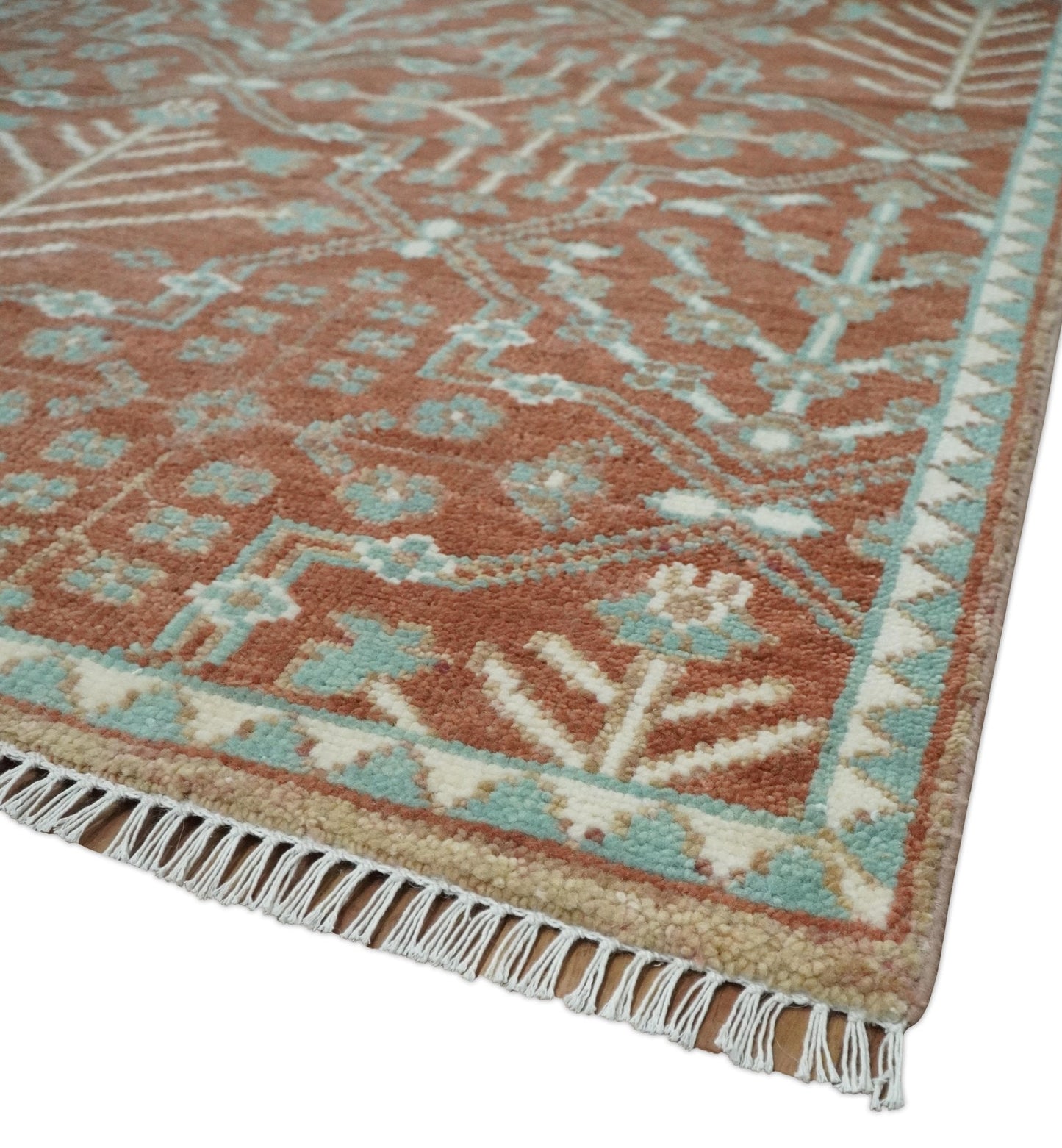 Hand knotted Multi Size Rust and Aqua Floral wool Area Rug