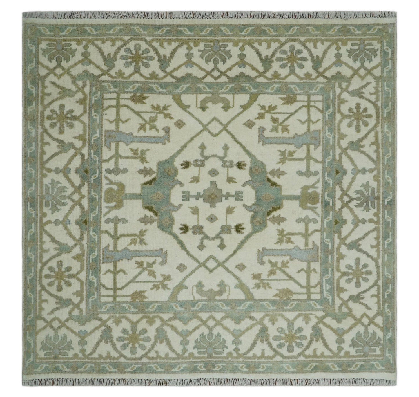 Hand Knotted Oriental Oushak Ivory and Teal Wool Area Rug