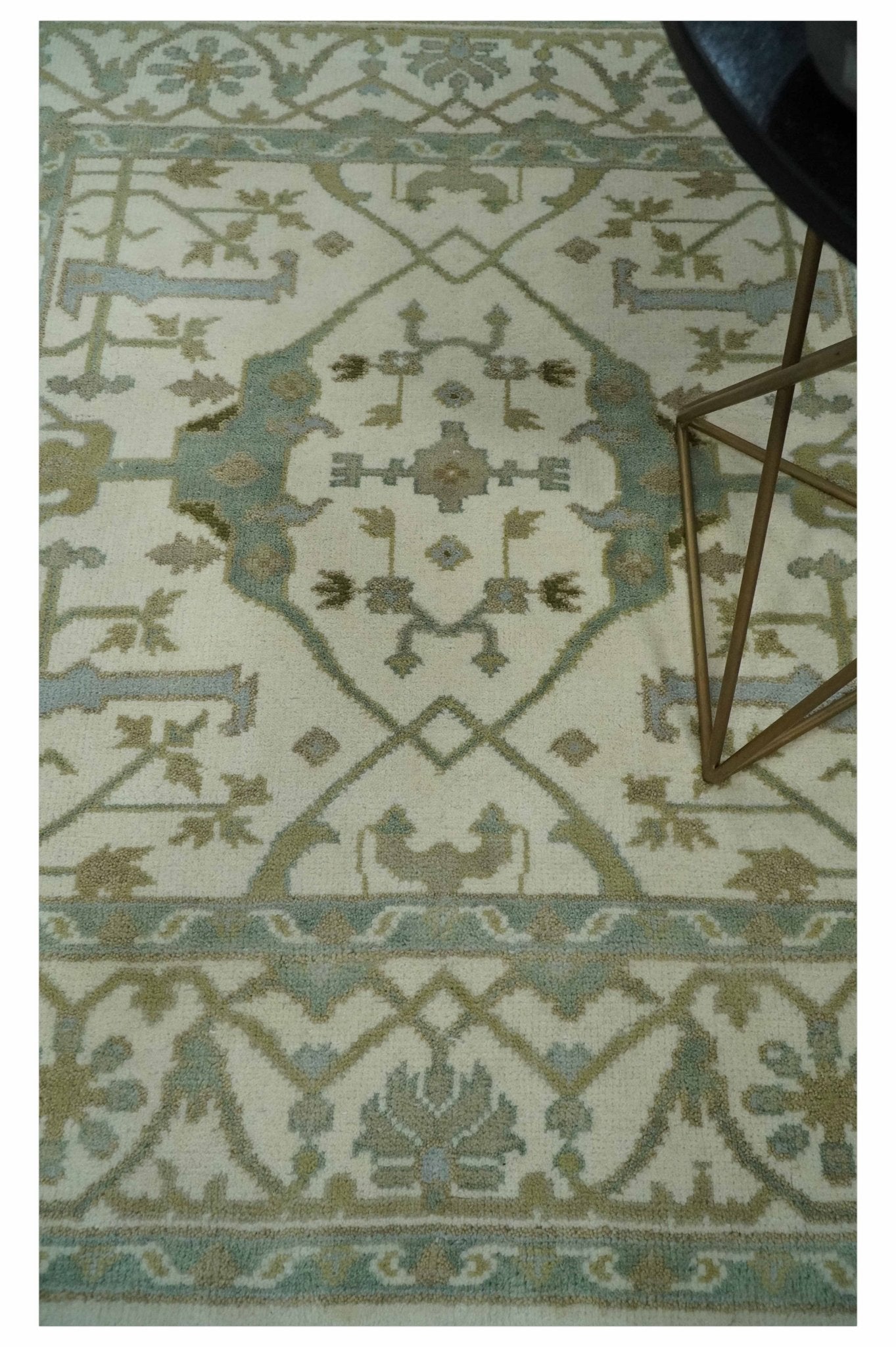 Hand Knotted Oriental Oushak Ivory and Teal Wool Area Rug