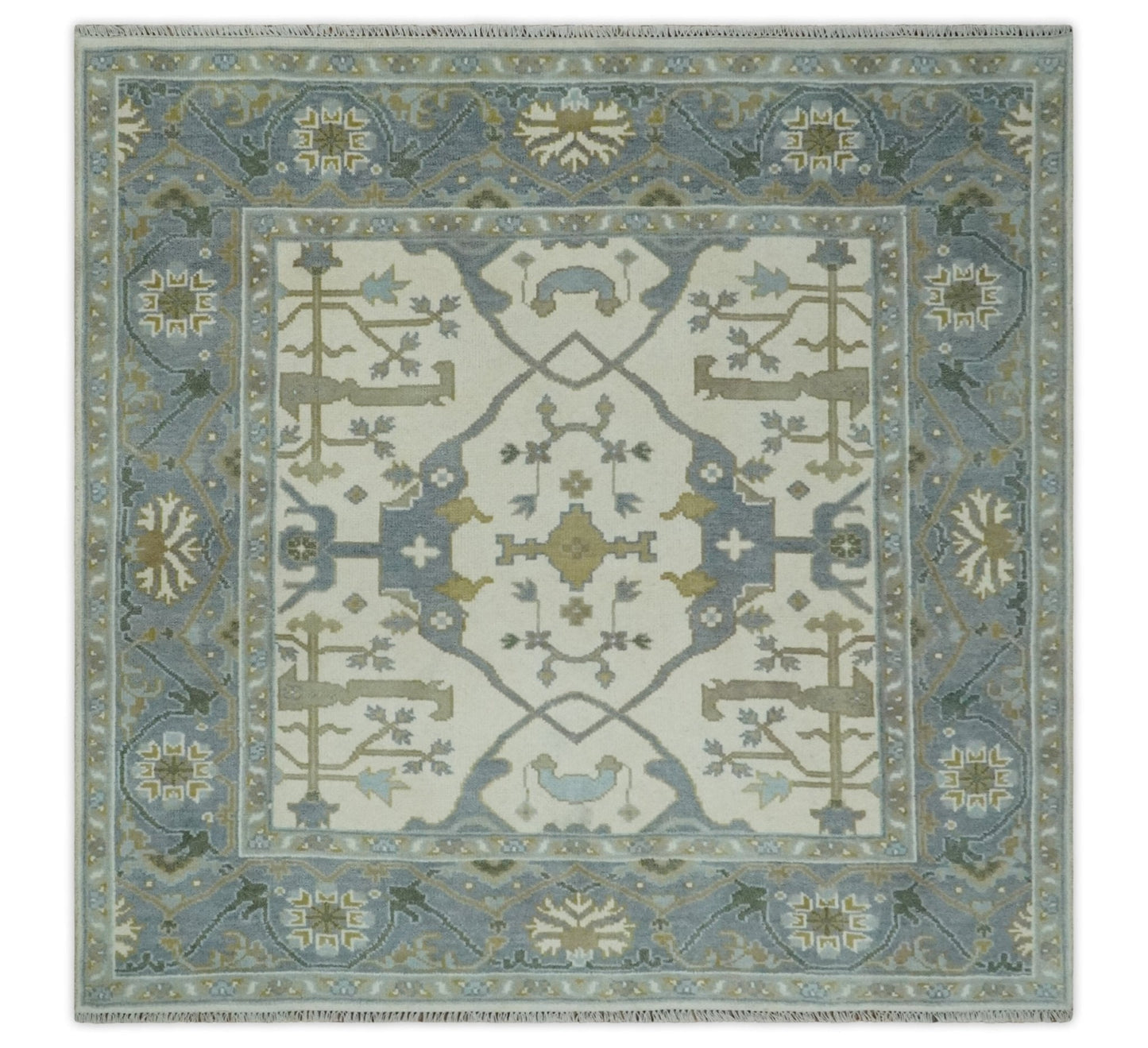 Hand Knotted Oriental Oushak Ivory, Charcoal and Beige Wool Area Rug