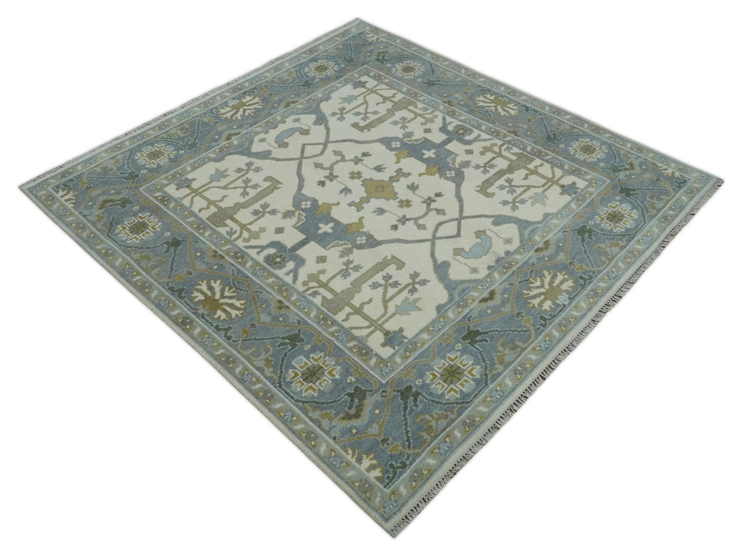 Hand Knotted Oriental Oushak Ivory, Charcoal and Beige Wool Area Rug